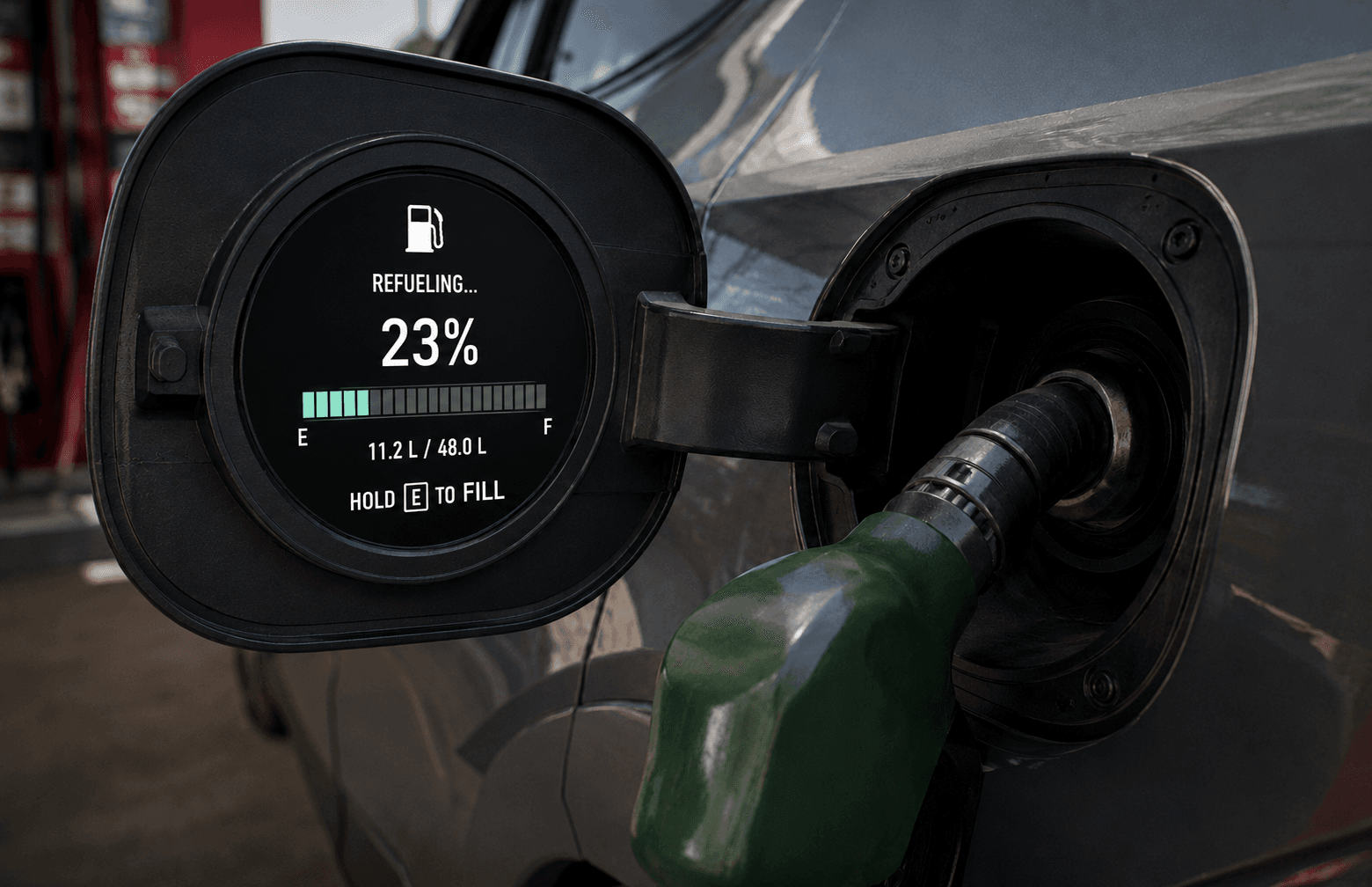 Close-up of a fuel filler flap showing a refuelling readout at 23 percent, 11.2 of 48 litres, with the pump nozzle in the tank