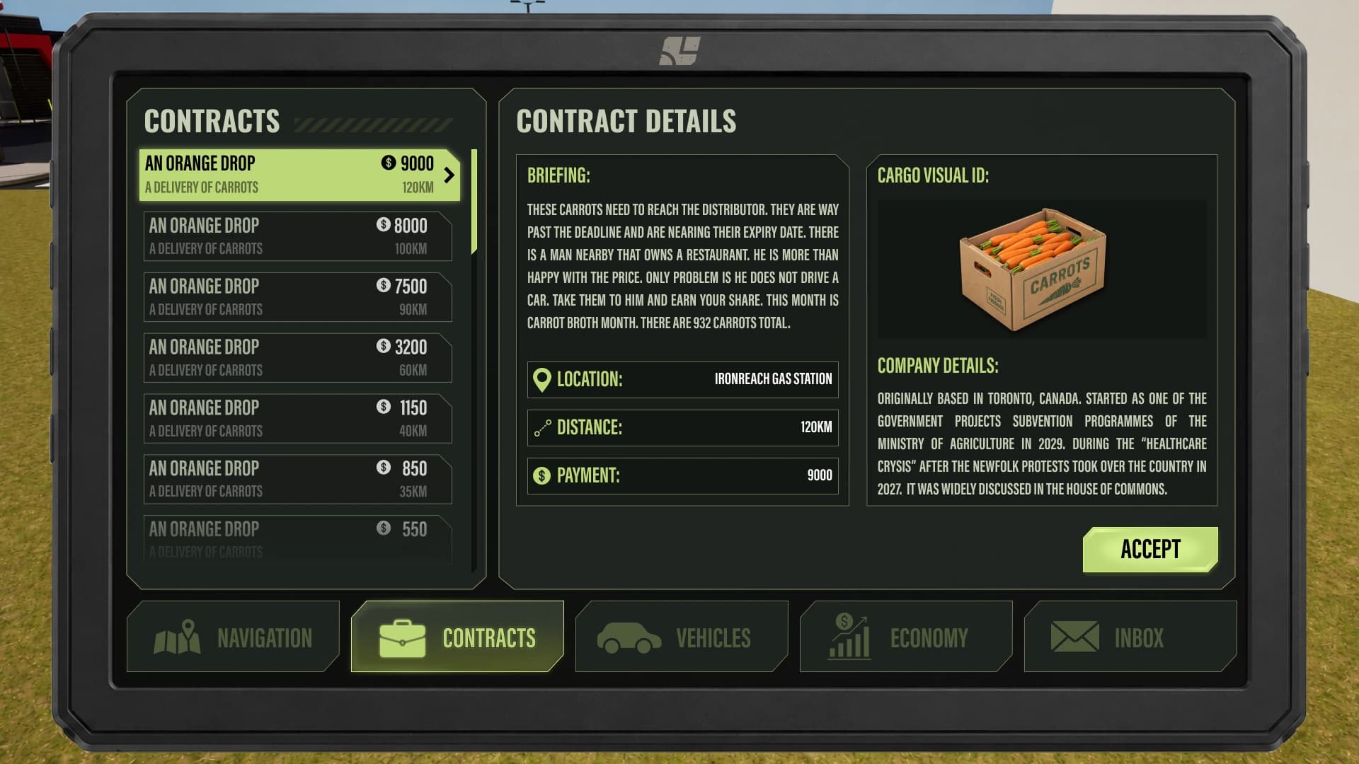 In-game tablet showing the contract board: a list of hauling jobs with payouts and distances, and the details of the selected contract