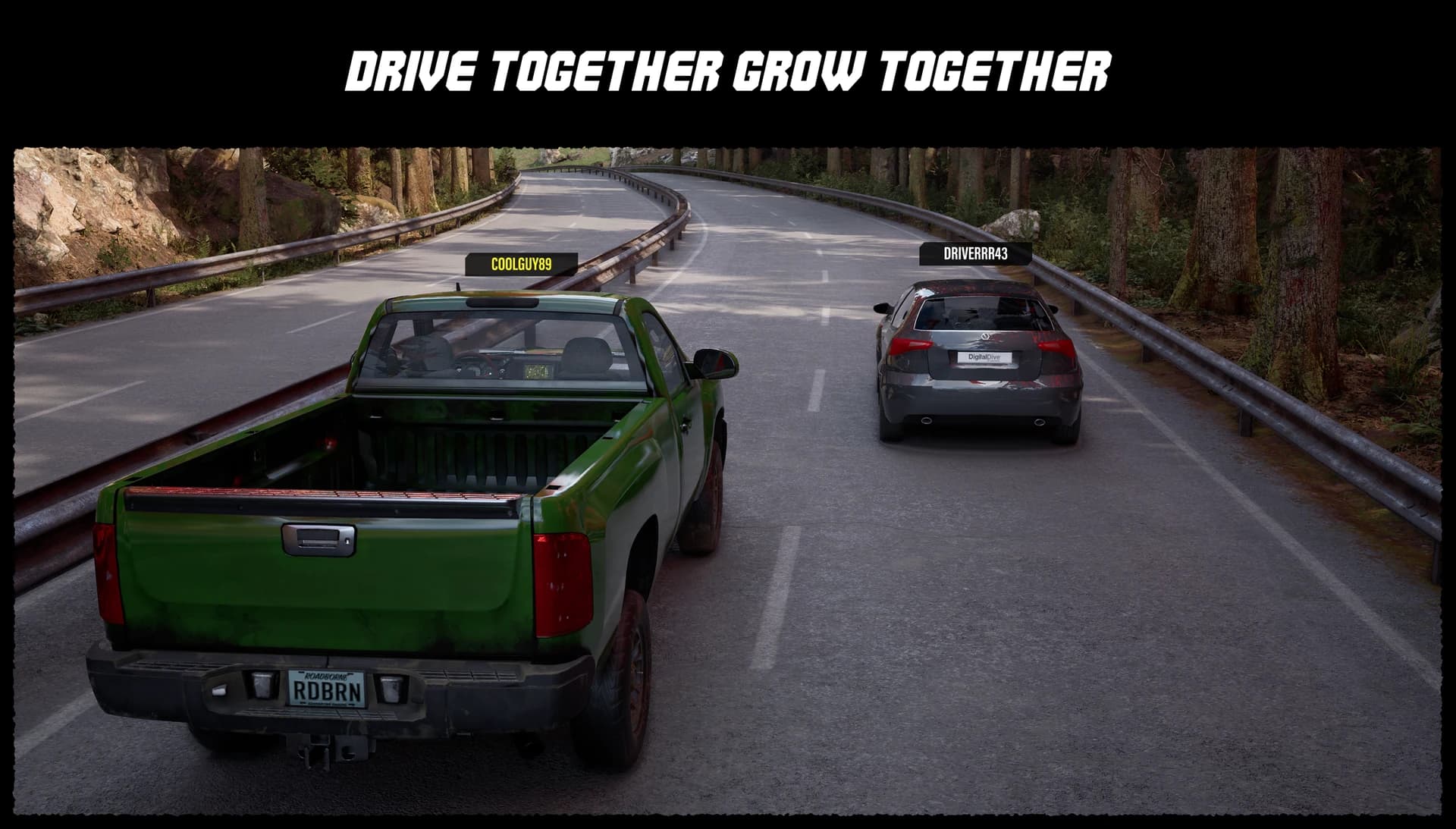 Two player vehicles driving a forest highway together, each tagged with its driver's name