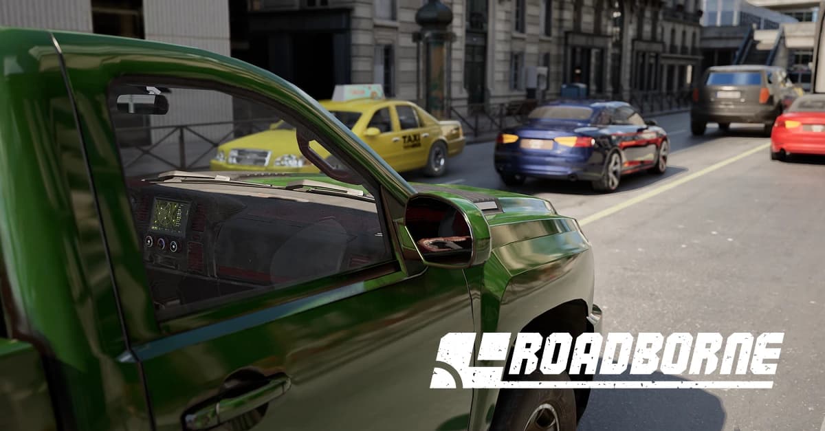A green pickup waiting in city traffic beside a taxi and a blue sports car